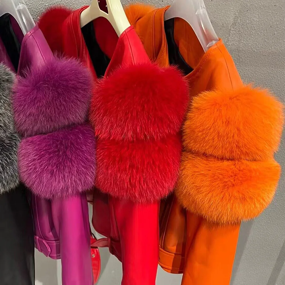 STRAWBERRY New Arrive Design Short Style Leather Fur Jacket Warm Fox Fur Coat for Women