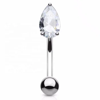 Stainless Steel Prong Set Teardrop CZ Gem Curved Eyebrow Ring Barbell