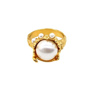MW Big Pearl Crown Stainless Steel Wedding Ring Stylish Women's 18K Gold Plated Finger Zircon Pearl Rings for Women Ladies