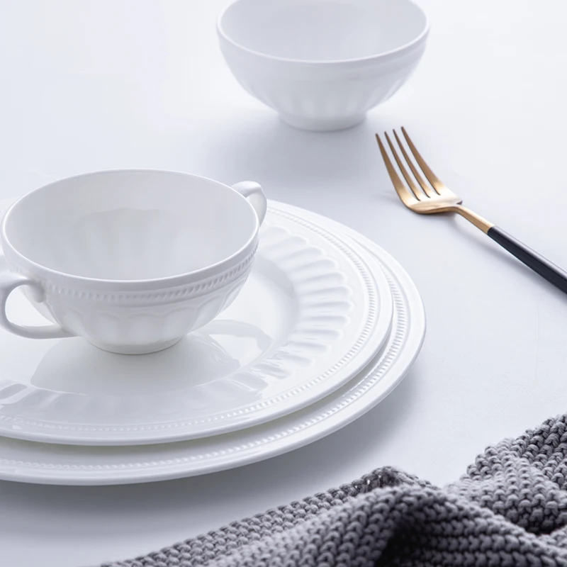 Platos de cerámica redondos para comida, vajilla de lujo para hotel,  restaurante, catering, hueso, china, color blanco, para hotel de estrellas