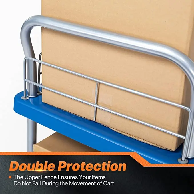 2 Tier Heavy Duty Utility Cart with Handle Bar Serving Cart 300kg Load Double Layer Platform Trolley with Four Wheels