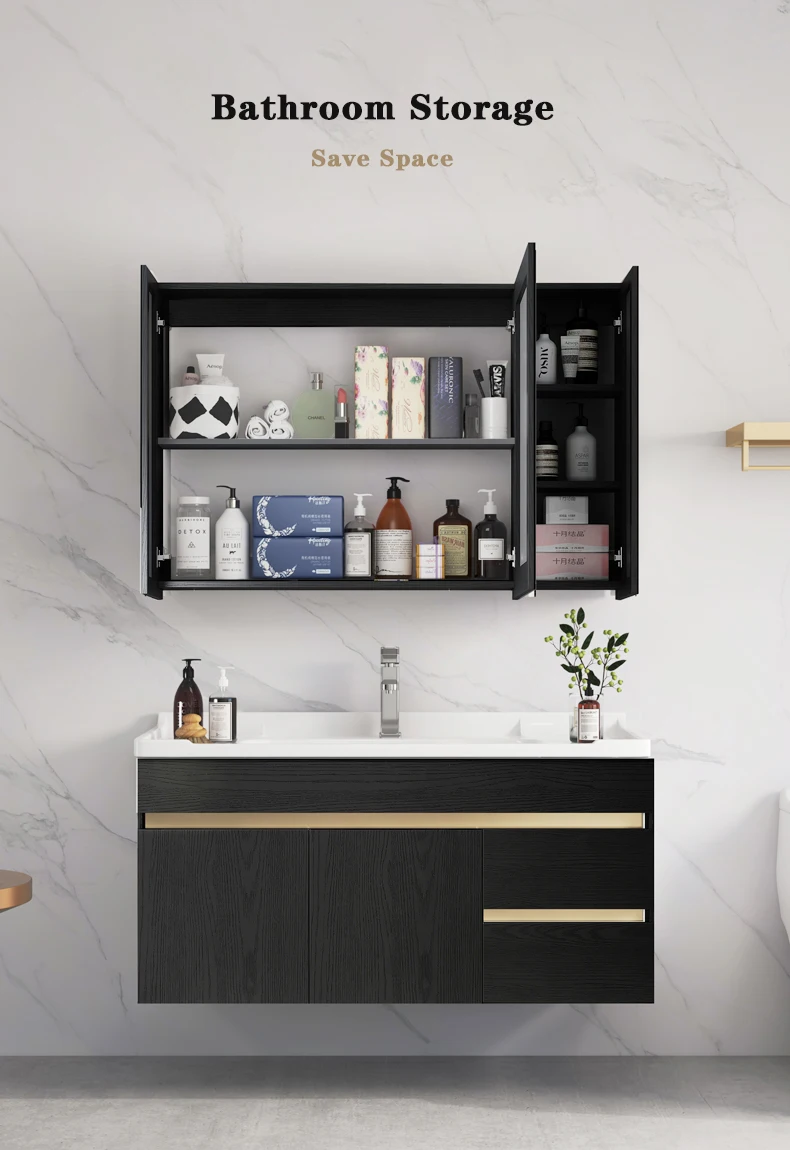 Luxury Black Gold Design Waterproof Solid Wood Bathroom Vanity