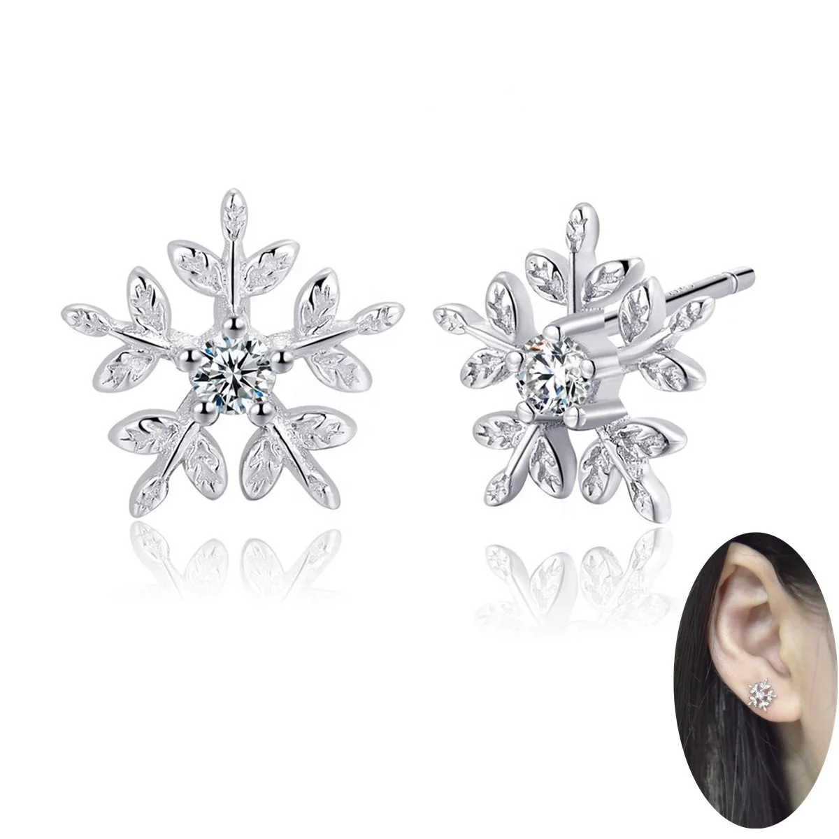 日本未入荷Heiの[sv925] snowflake one-touch earring S925 Sterling Silver Snowflake Stud Earrings with CZ