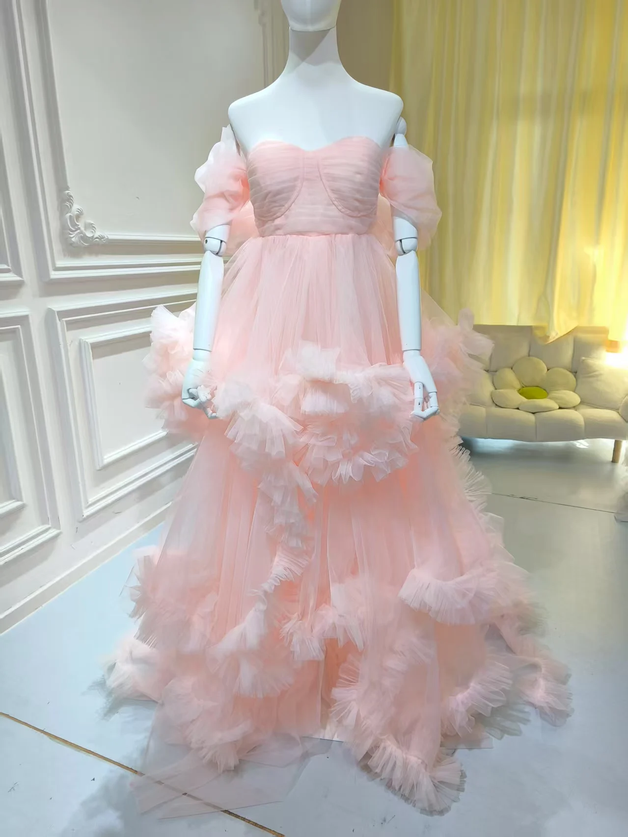 S0506n Light Pink Fluffy Shorts Pregnancy Photography Dress Nightgown Bridal Robe Tulle Maternity Gown