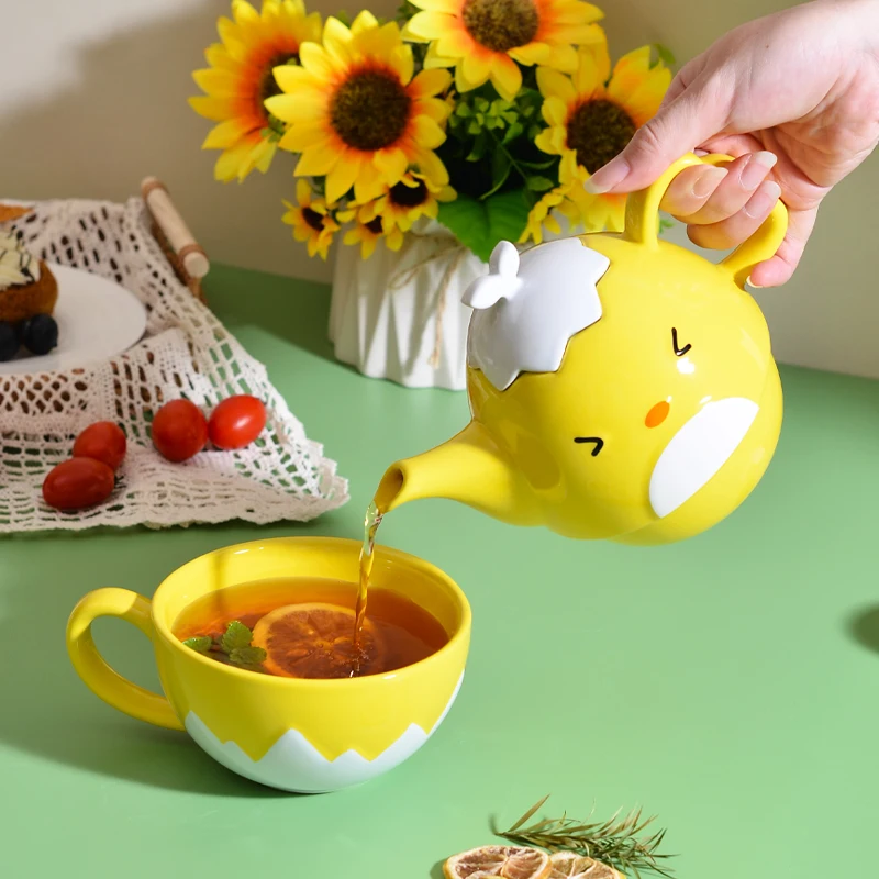 Ceramic Factory Custom Logo Cut Little Chicken Teapot and Cup Set Stoneware Coffee Pot Cup Set Tea for One Teapot Set