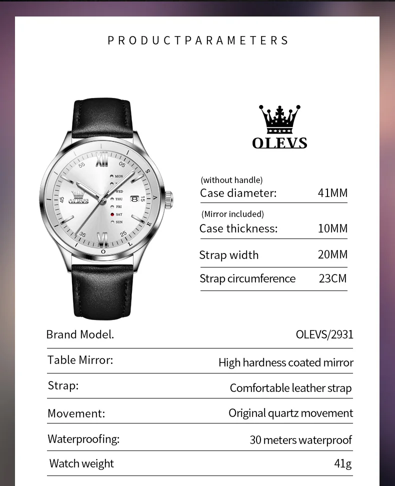 OLEVS 2931 Original Leather Strap Fashion Waterproof Quartz Top Brand Luxury Men's Wrist Watch Men Business Luminous Watches