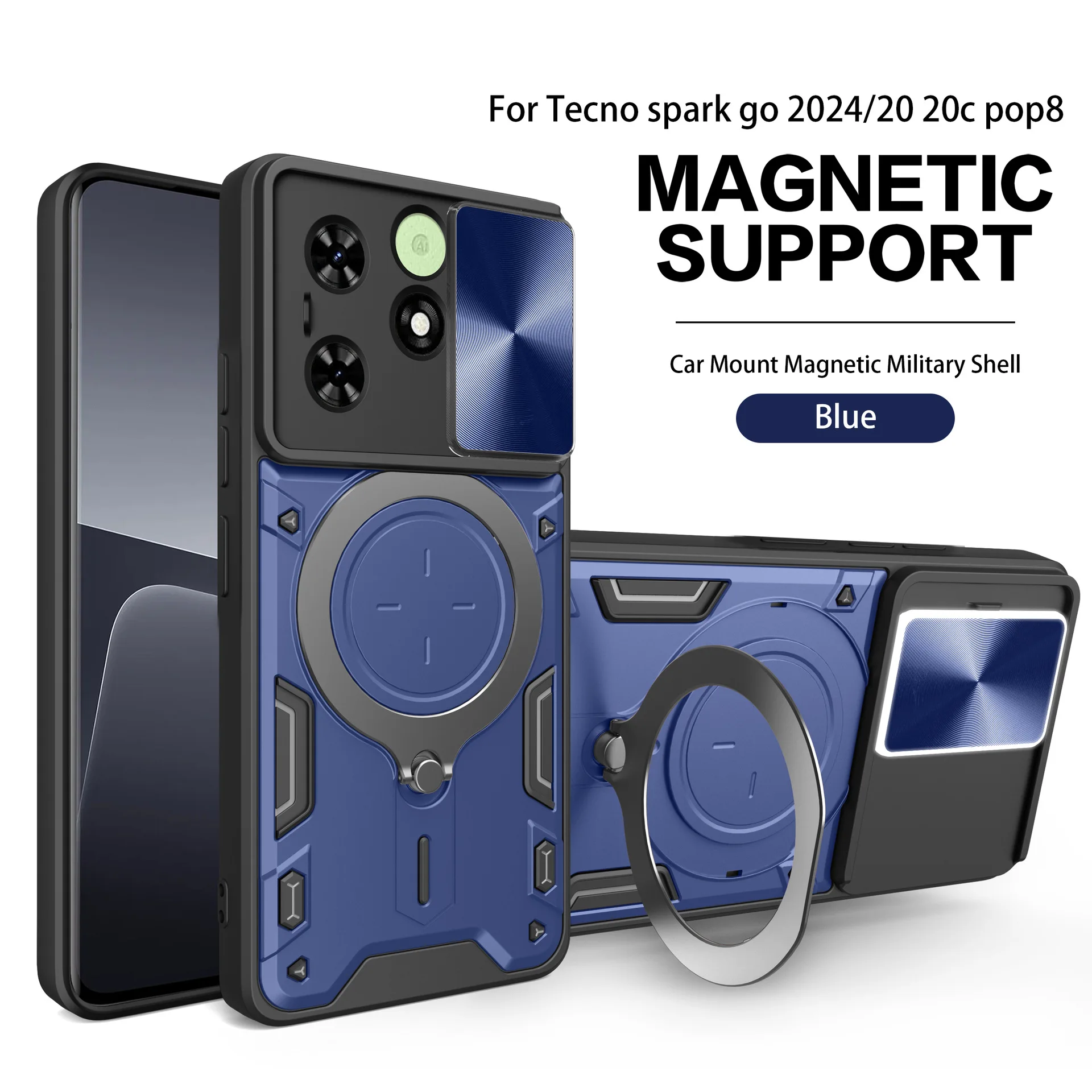Dual Layer Defend Case for Tecno Spark Go 2024/ Spark 20C/ Pop 8 Protective Case with Kickstand and Slide Camera Cover