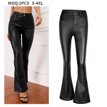 2022 New Y2K Fashion Black High Waisted Bell Bottoms Flare Long PU Leather Pants For Women