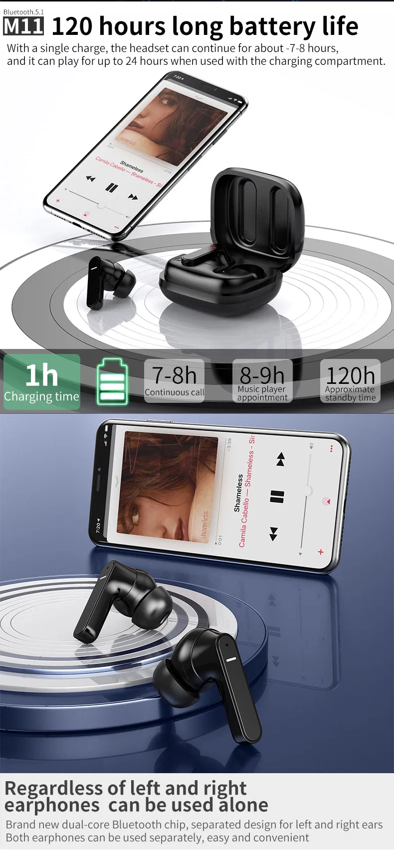 M11 ANC ENC call noise reduction Headphone 120 hours long battery life TWS Earphone HiFi Stereo Gaming Wireless Earbuds - ANKUX.COM