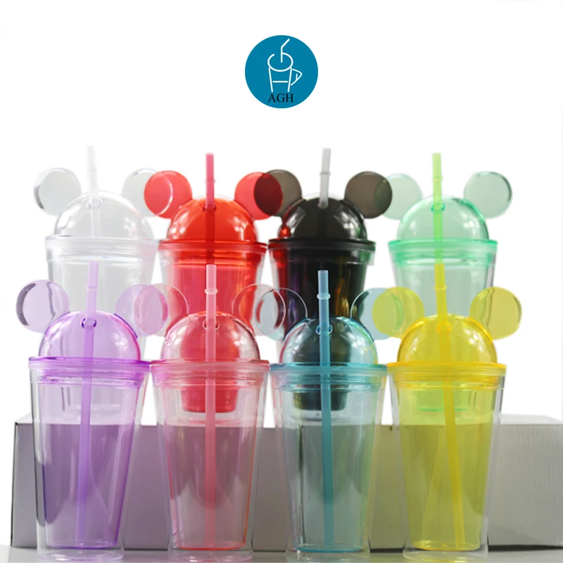 2023 Promotional Gifts Children Cartoon 16 OZ Mouse Ear Shape Dome Lid  Clear Acrylic Plastic Tumbler Cups With Straws