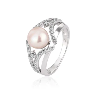 Custom women engagement wedding sterling silver freshwater pearl ring with zircon moissanite