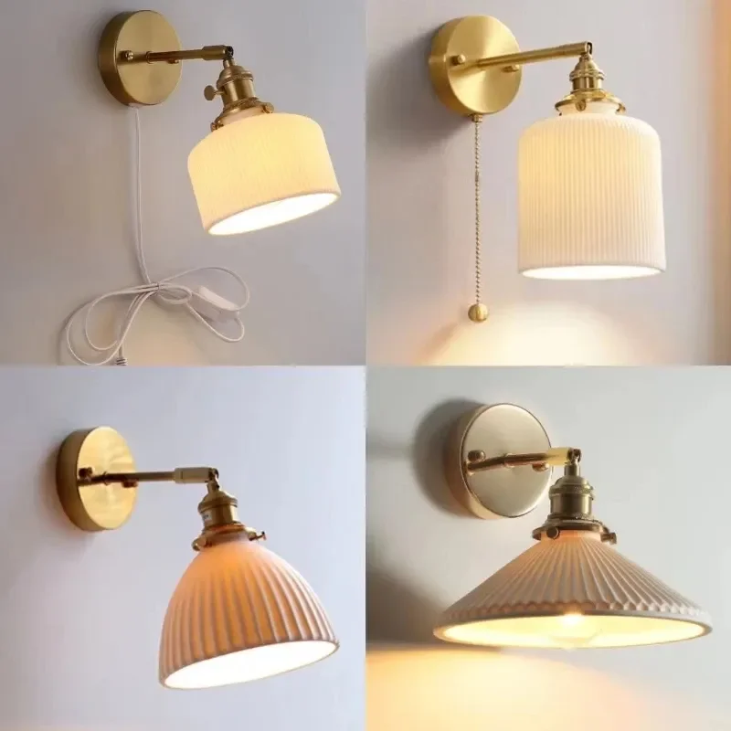 Brass Ceramic LED Wall Lamp Pull Switch Sconce Bedroom Bedside Interior Wall Light Home Decorative Lighting LED Wall Light