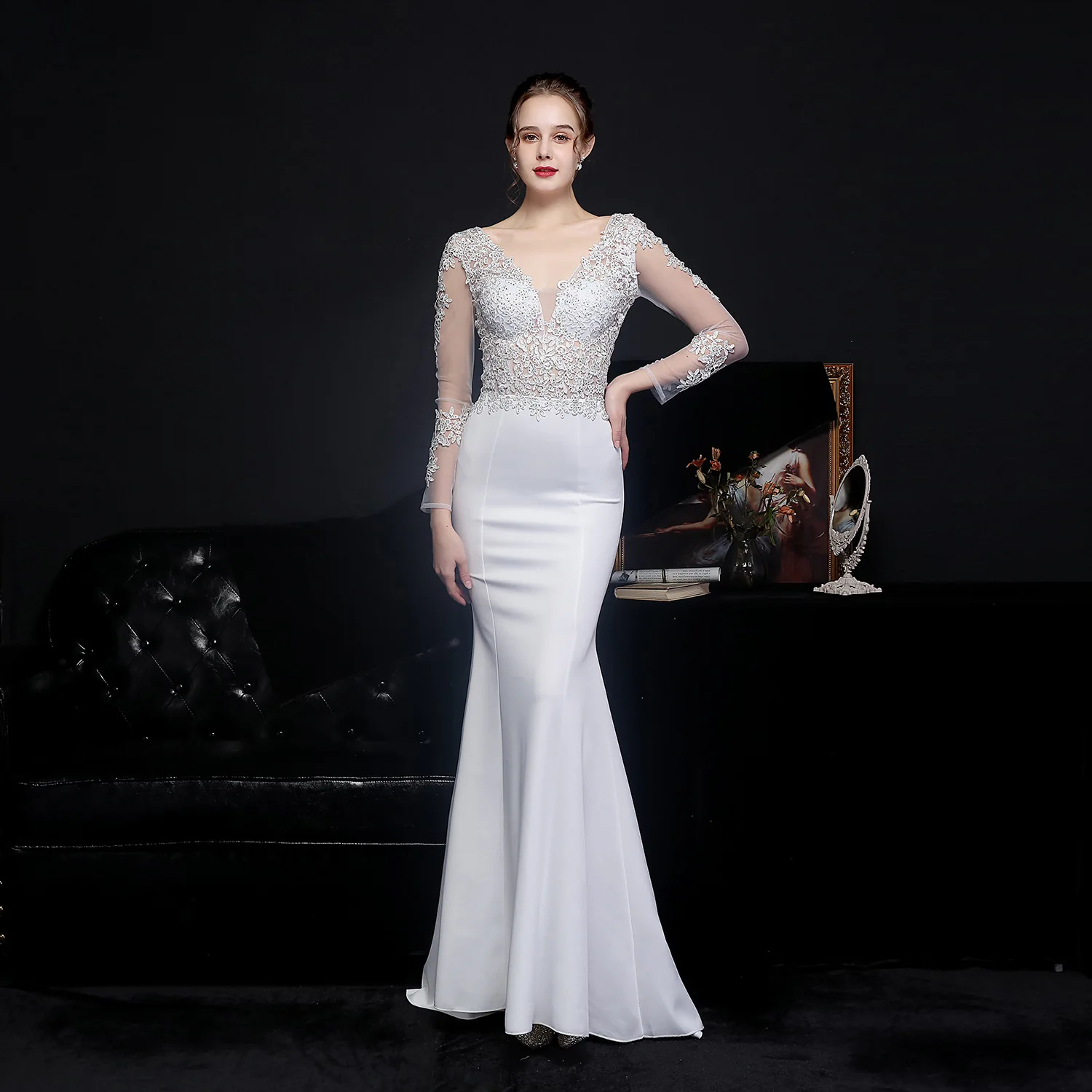 S2742F     2025 New High Quality Lace Perm Toast  Bride  Elegant Fishtail Evening Dress