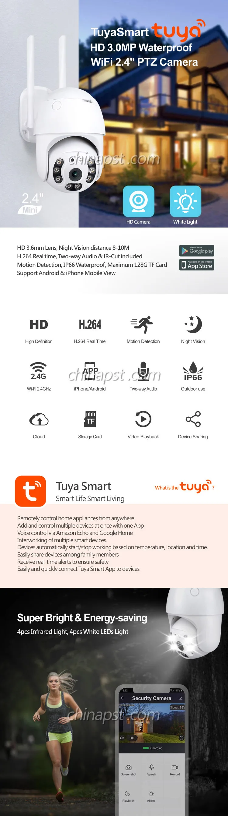 Best Tuya Smart PTZ Camera Night Vision ON-VIF Wireless CCTV WIFI Camera Outdoor for Home PST-ST-393