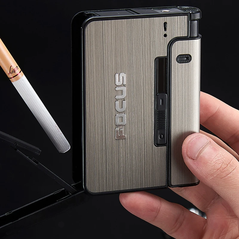 automatic case for tobacco Automatic Ejection Cigarette Dispenser Case Lighter Gadget for Men  Christmas Gift Metal Cigarette Boxes