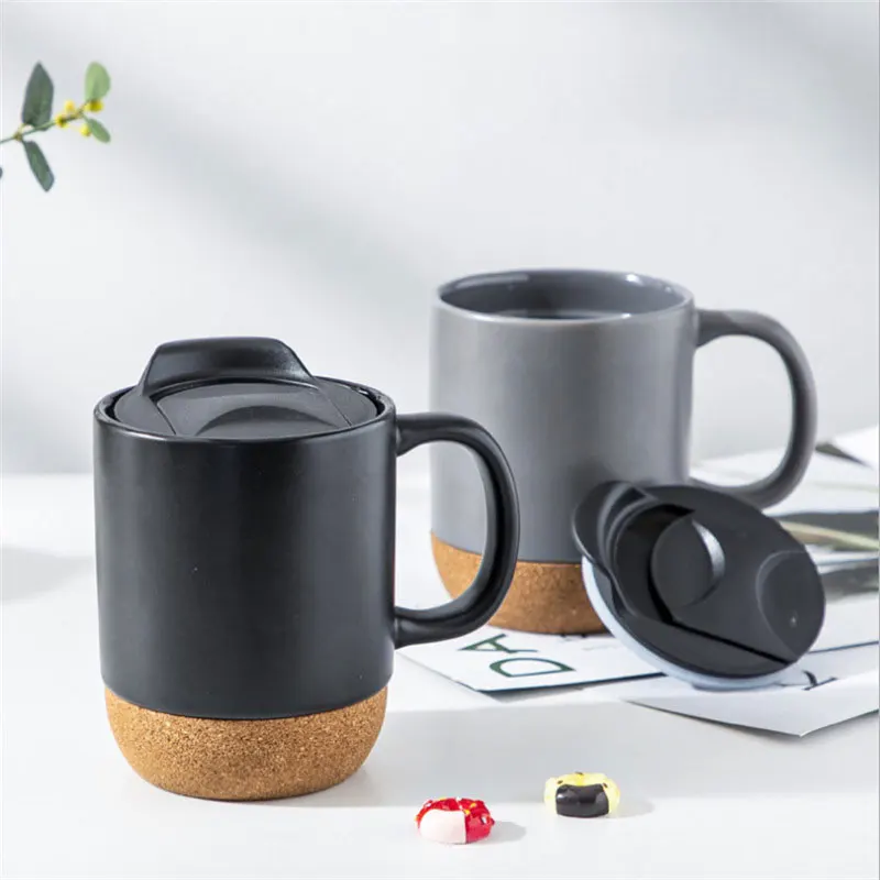Custom Nordic Matte Black Glaze Cork Base Ceramic Wooden Insulated Cork Bottom Lid Customizable Coffee Mug