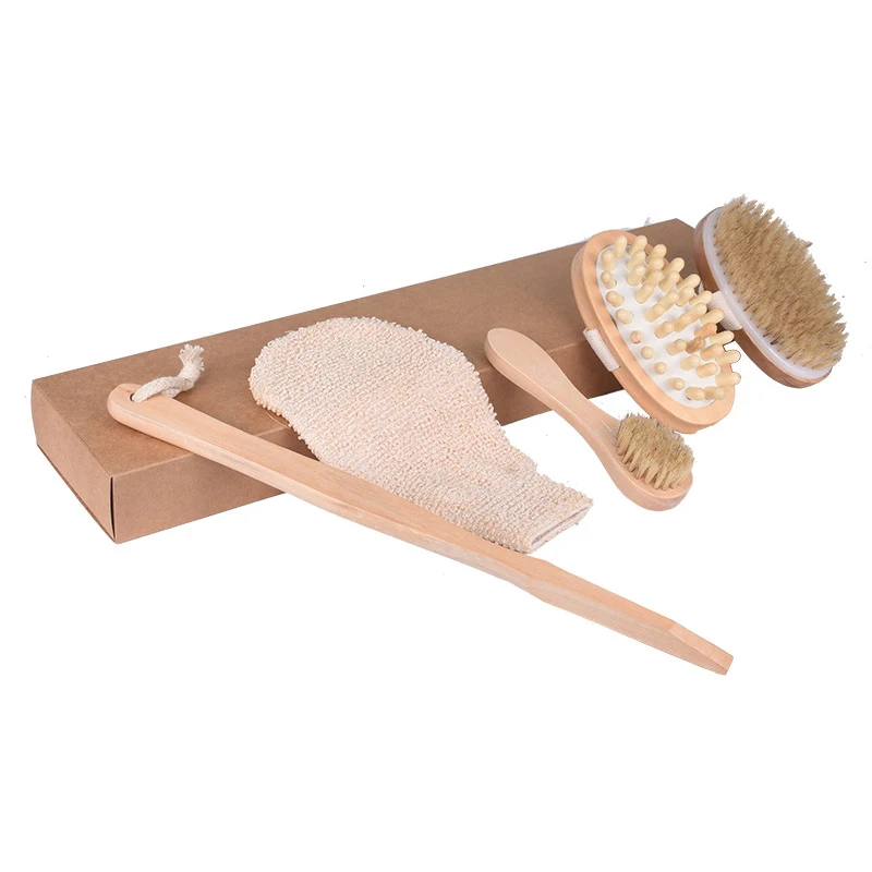 Wholesale Wood Bristles Dry Skin Masssge Face and Bath Brush Bathroom Shower Brush Set