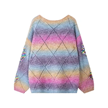On Sale Normal Long Sleeve Pullovers O-Neck Casual Rainbow Hollow Out Design Women Mohair Knit Sweater