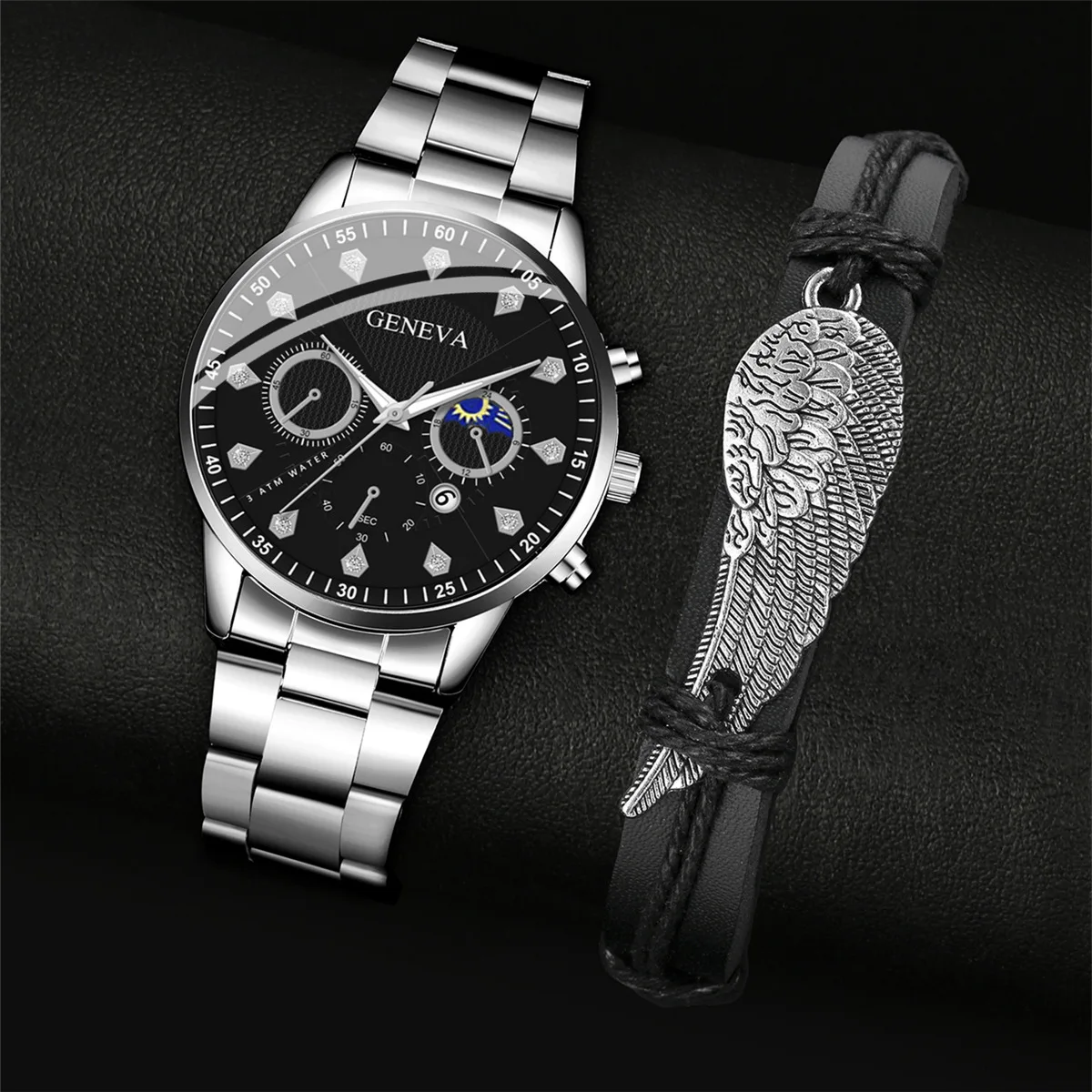 2PCS Set Fashion Men's Business Calendar Watches Men Casual Silver Bracelet Wings Bangle Stainless Steel Quartz Wrist Watch
