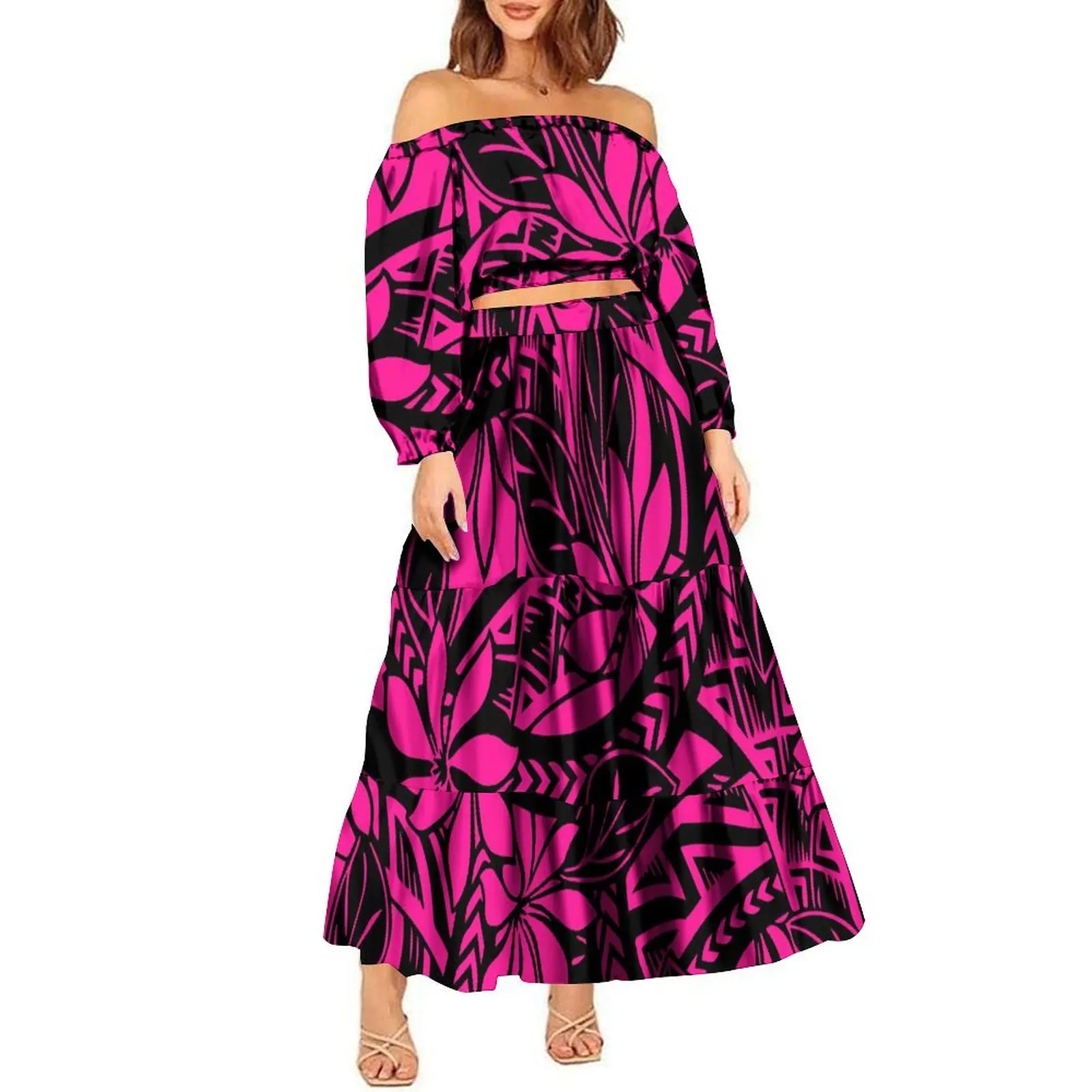 Wholesale New tyle amoan Tonga Hawaiian Polynesian Tribal Printed Half One Off houlder Long leeve Crop Top Long Pleated Tiered kirt Womens Two Piece Wholesale New tyle amoan Tonga Hawaiian Polynesian Tribal Printed Half One Off houlder Long leeve Crop Top Long Pleated Tiered kirt Womens Two Piece