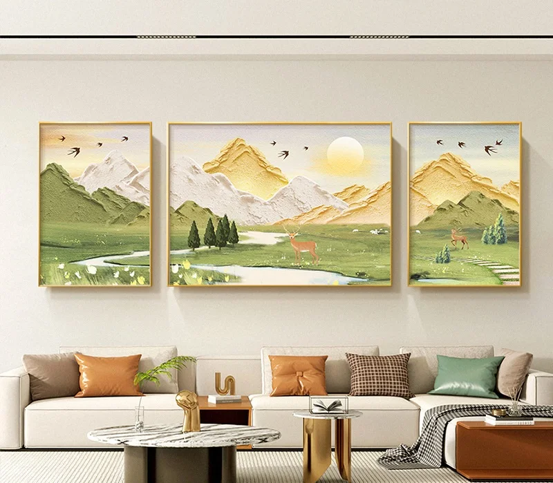 Ginkgo Forest Mountain Wall Art Canvas Print Golden Deer Sunset River Winding Path Nature Landscape Neutral Earthy Tones