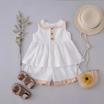 Cotton and linen baby girl suit summer sleeveless lapel vest skirt top + shorts girls' two-piece dress ins