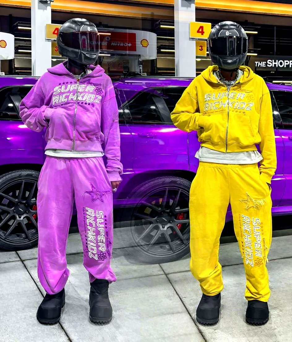 Custom 2PCS Winter Hoodie Sweatpants Set Oversized Baggy Fleece Rhinestone Acid Wash Track Suit Flared Tracksuit Men Quick Dry