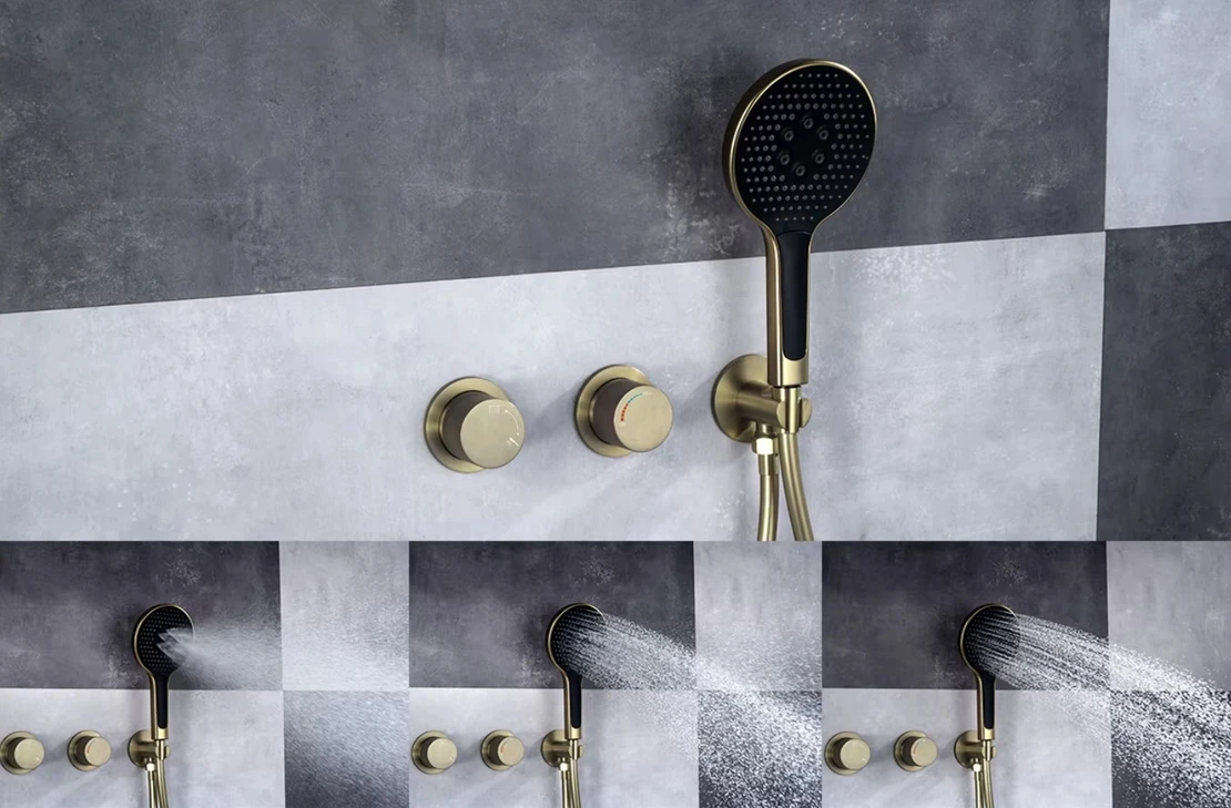 2025 Luxury Brass Round Waterfall Shower Set Bathroom Concealed Rainfall Hot and Cold Brushed Gold Shower System Sets
