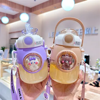 820ml Outdoor Portable Cute Kids Cartoon Animal Bear Plastic Water Bottle  with Straws Handle Strap for Children
