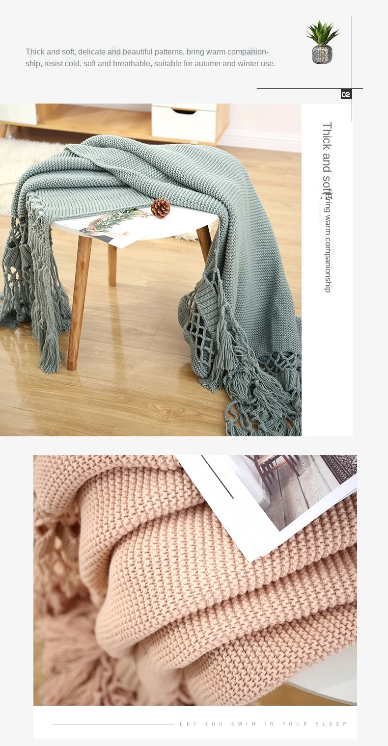 Tassel Hollow-Out Bed Flag Runner Fluffy Weighted Chunky Knit Throw Blanket Home Decorative Sofa Cover Blankets Qy supplier