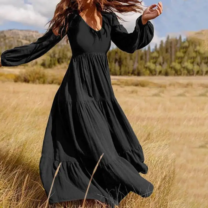 V Neck Ruffle Smock Dress A-line Comfortable Holiday Loose Pleated Dress  2023 Hot Selling Long Maxi Dress Women V Neck Ruffle Smock Dress - Comfortable Holiday Maxi Dress
