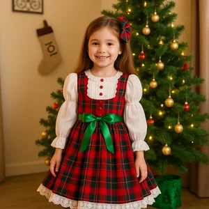 Factory Direct Custom Kids Christmas Plaid Dress with Lace Trim & Bow OEM ODM Holiday Girl Party Dresses Supplier