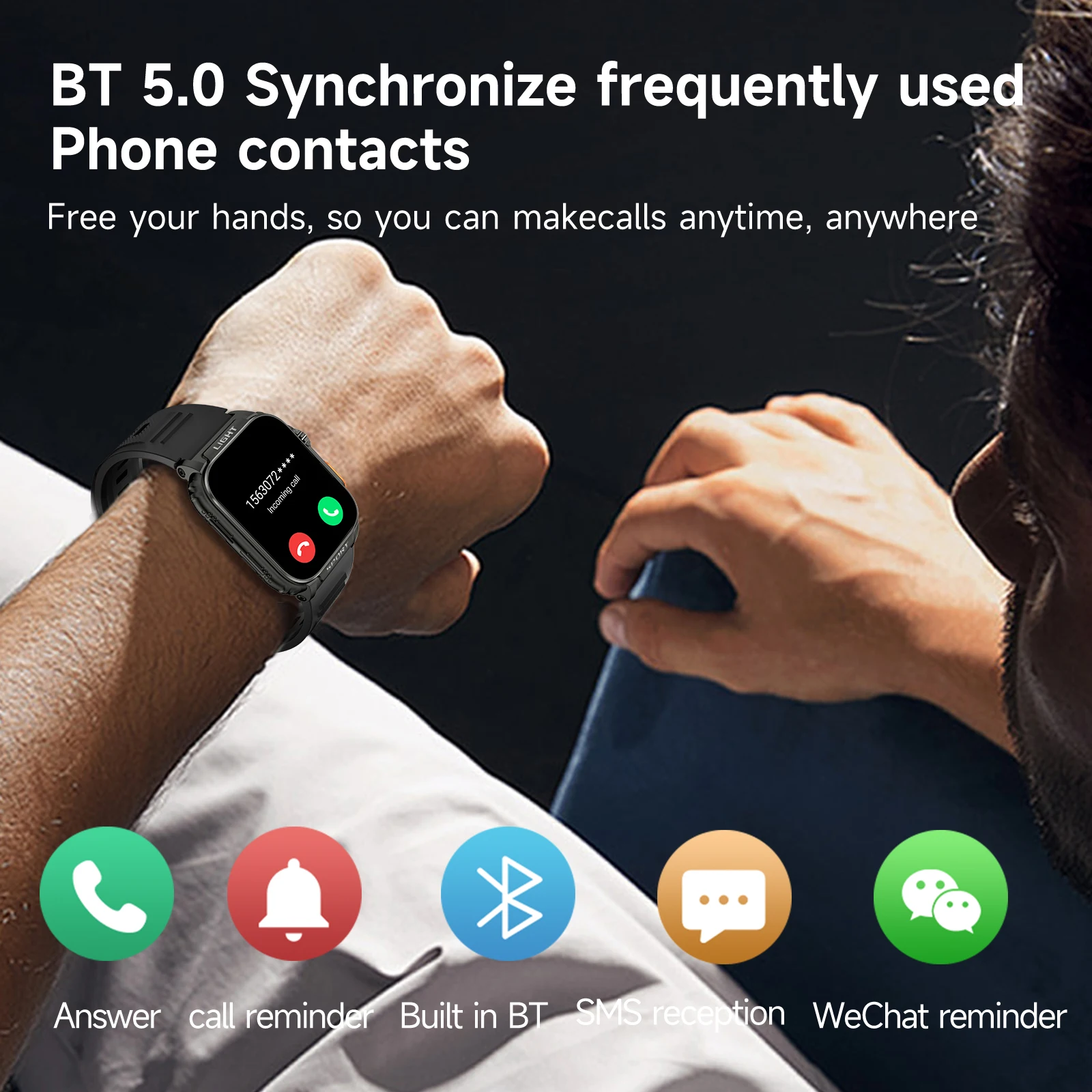 1.91 Inch Fashion Smart Watch Torch Android IOS 430mAh Battery Life Call Voice Assistant IP67 GP5 Square Screen for Silicone
