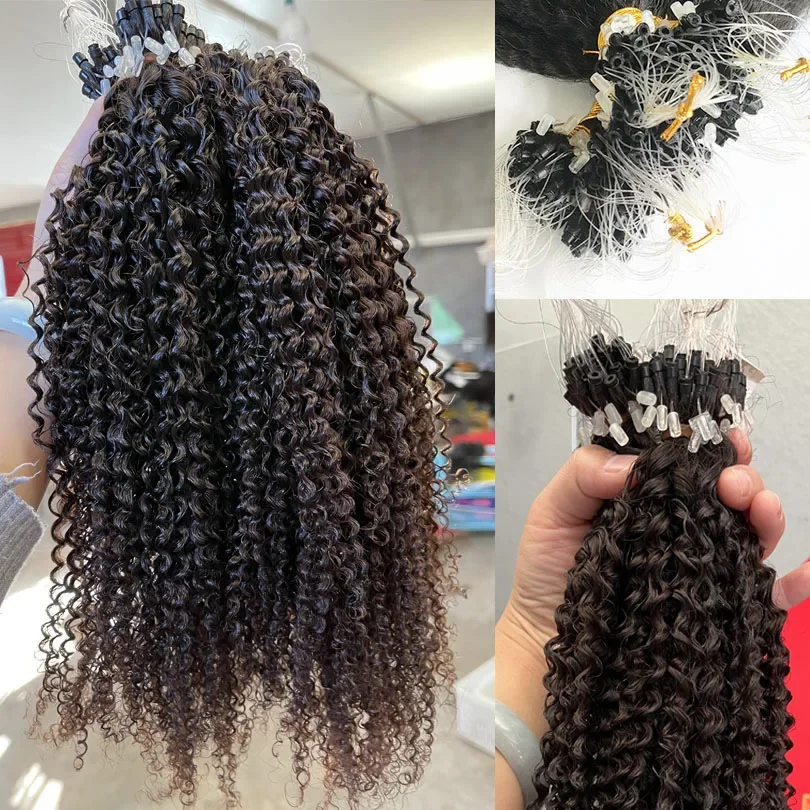 Kinky Curly Micro Ring Echthaar Extensions Für Damen Schwarz Braun_voghion.com