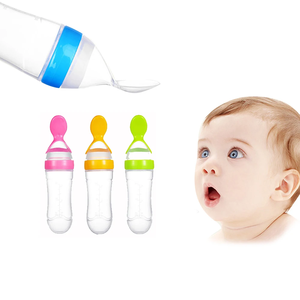 Mix Color Silicone Baby Squeeze Feeding Bottle with Spoon for