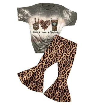 Baby girls bleached coffee shirt top bell bottom pants leopard design kids boutique outfits clothing sets short sleeve clothes