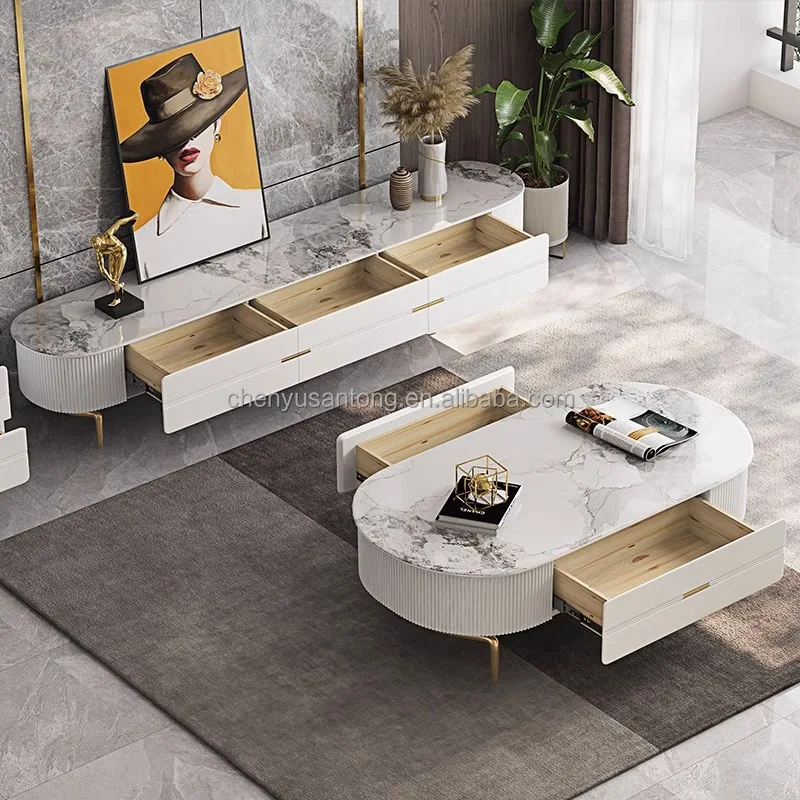 Luxury Marble Top Gold Stainless Steel Leg Tv Stand And Gold Coffee