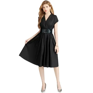 6834 Women's Elegant V-Neck Midi Dress for Summer Casual Career Real Shot Belt Solid Pattern Natural Waistline Woven Washable