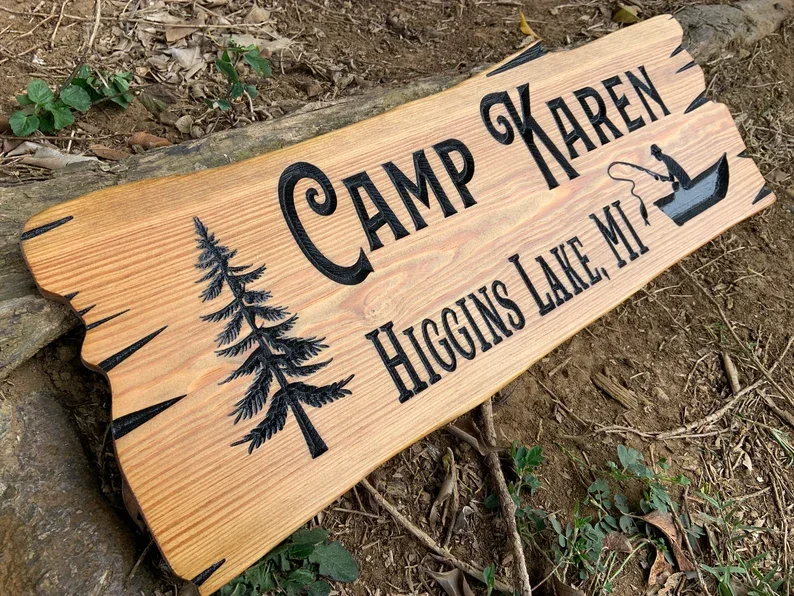 Wood Designer Wooden Design Pick Size and Font Wooden Carved Cabin Pine Trees Custom Camp Personalized Rustic Home Sign
