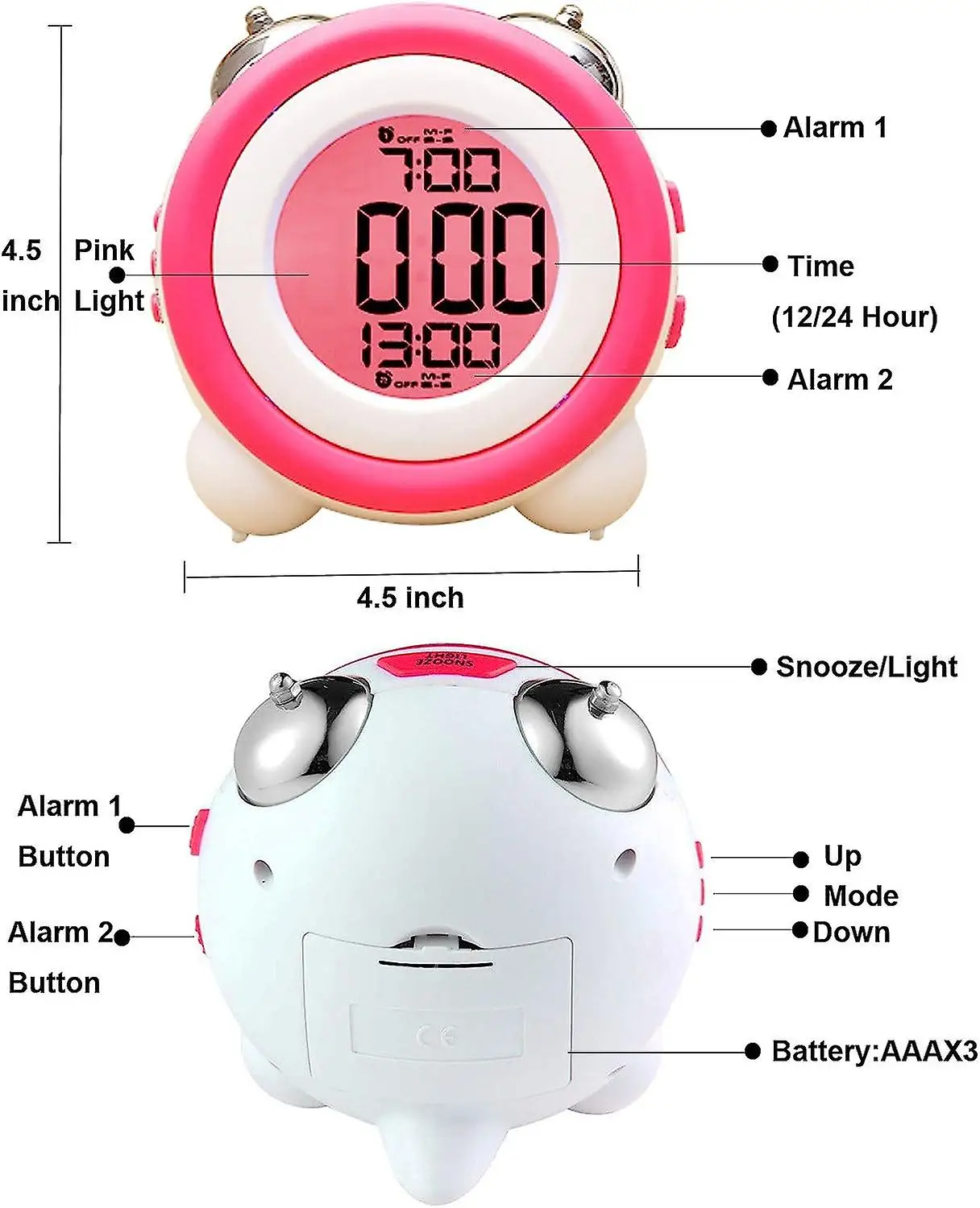 Lovely Home Decoration Cute Children Bedroom Sleep Trainer Snooze Desk Twin Bell Digital Alarm Clock for Kids