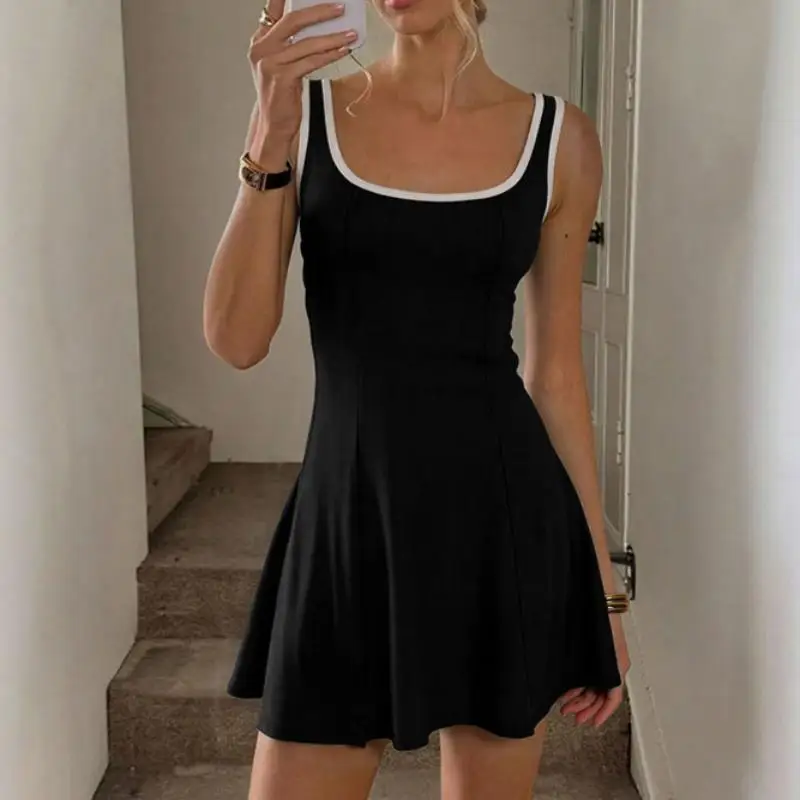 Women's U-Neck Contrast Binding A-Line Mini Dress 95% Polyester 5% Spandex  Knitted High Waist Bodycon Flared Hem Sporty Spring| Alibaba.com