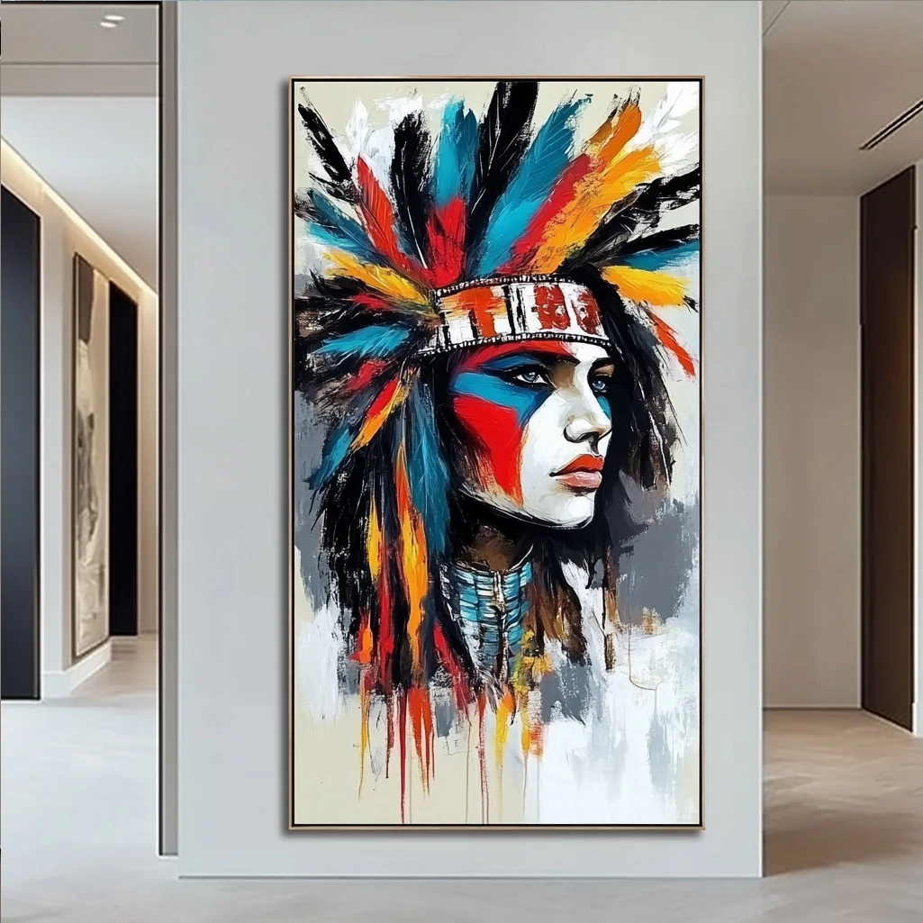 Colorful Tribal Canvas Print Modern Beautiful Woman Figure With Feather Indian Paintings and Wall Arts
