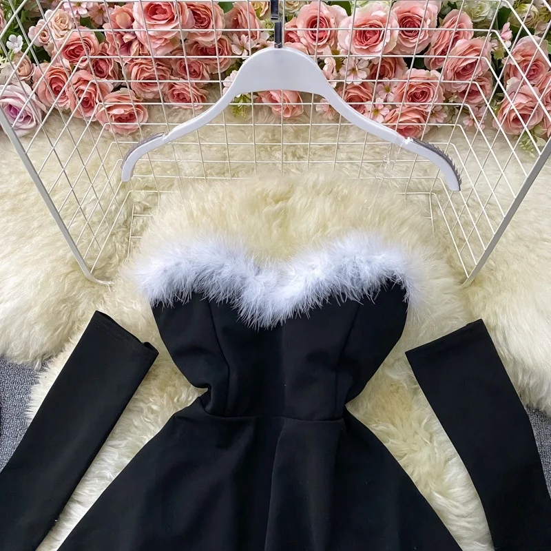 bodycon dress with fur trim Black Off Shoulder Faux Fur Trim Midi Dress – Selene Dress