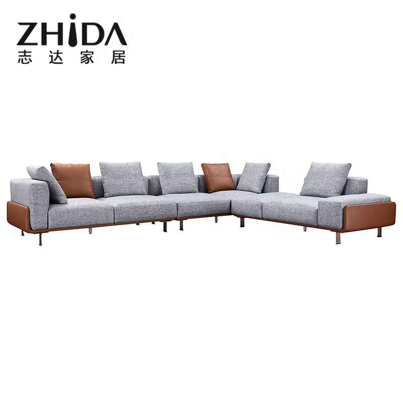 Zhida Factory Custom Made High End Villa Living Room Fabric Sectional Sofa Set Couch Modern Design Genuine Leather l Shape Sofa