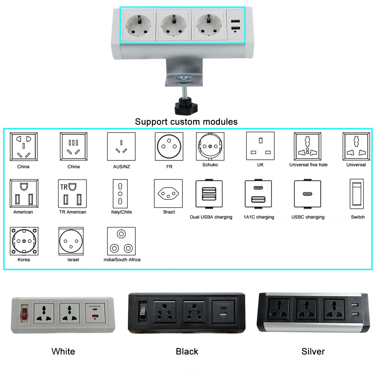 2024 Dual USB Tabletop Socket With Hot Clamp Conference Clamp Table Socket With 3 AC Outlets IP44 Level 5A Rated Current
