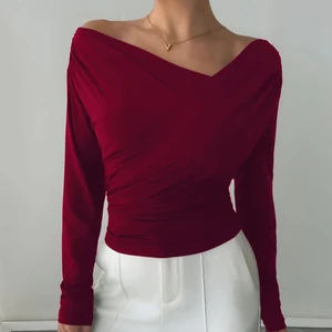 2025 Autumn and Winter New Pure Color Fashion Cross-Shoulder Off-the-Shoulder Slimming Long-Sleeve Versatile T-Shirt Top