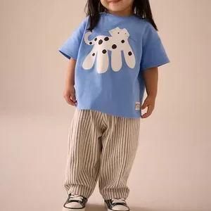 2026 New Customized Casual Knit Children's Clothing Set for Girls Printed Short Sleeves Striped Pants 100% Cotton Summer Outfit