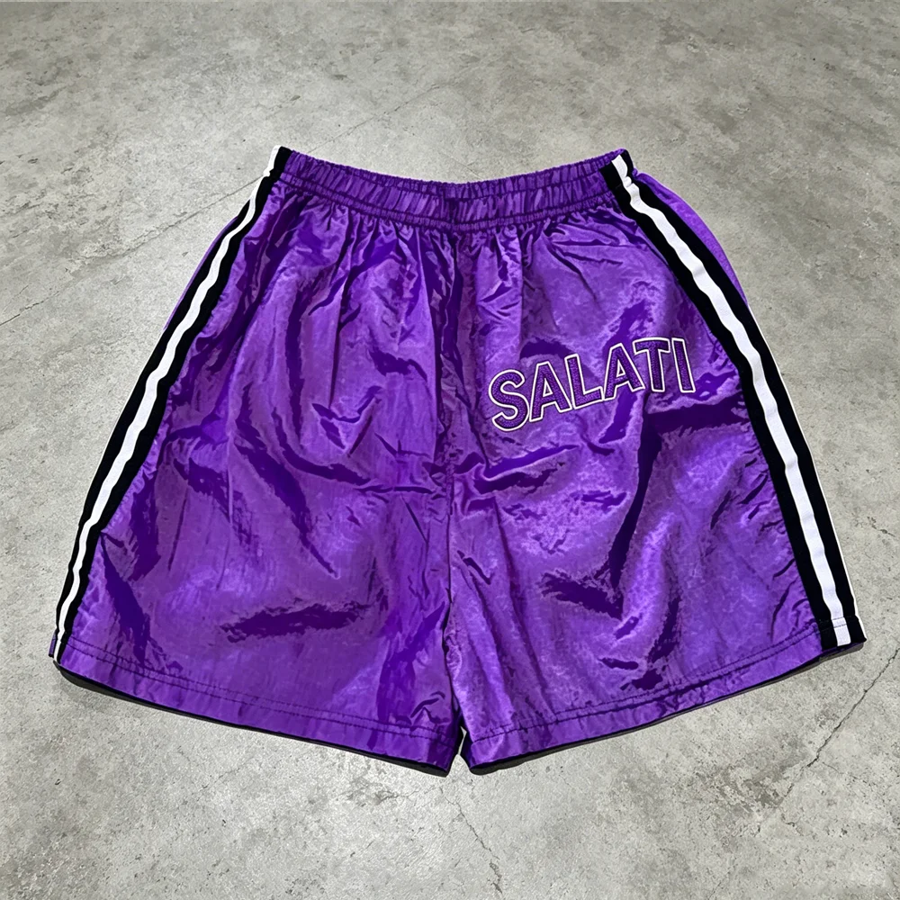 OEM ODM Men Elastic Waist Dual Side Stripes Breathable Beach Jogging Street Glossy Nylon Shorts