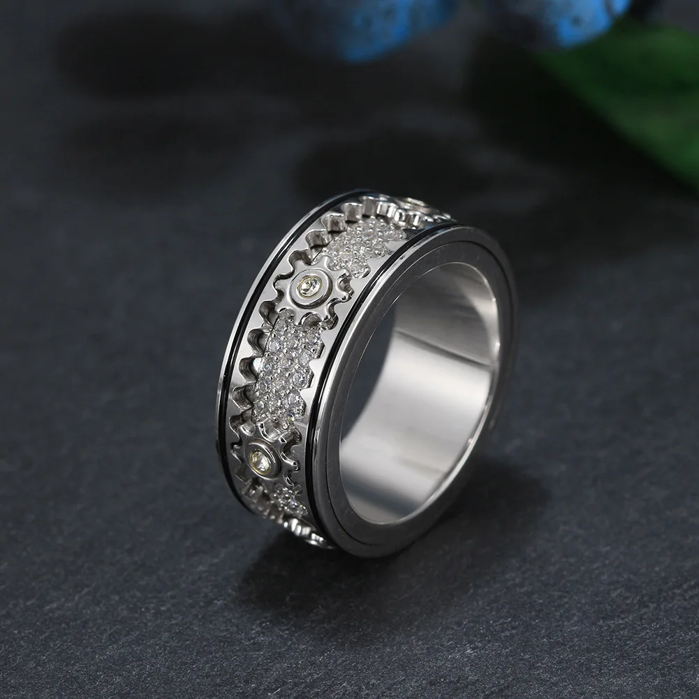 NMR14 925 Sterling Silver Zirconia Cogwheel Fidget Ring