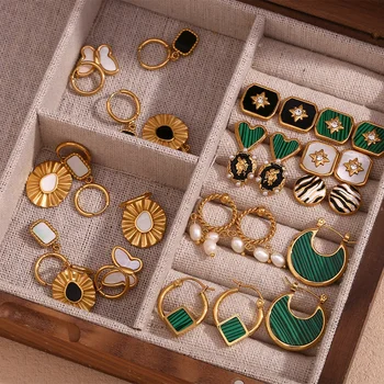 Fashion Jewelry Earrings Enamel Shell Pearl Hoop Earrings 18k Gold Plated Jewelry Stainless Steel Earrings